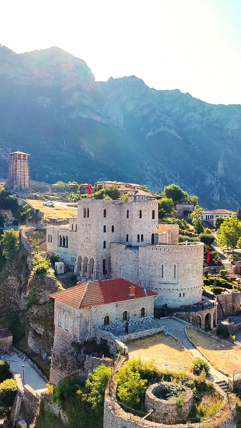 Krujë Castle and its clock tower in the morning sun
