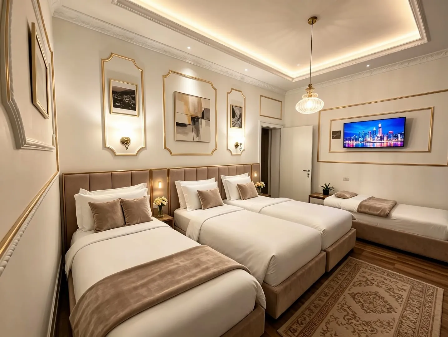 Bright room with four single beds, velvet headboards and gold-framed panels